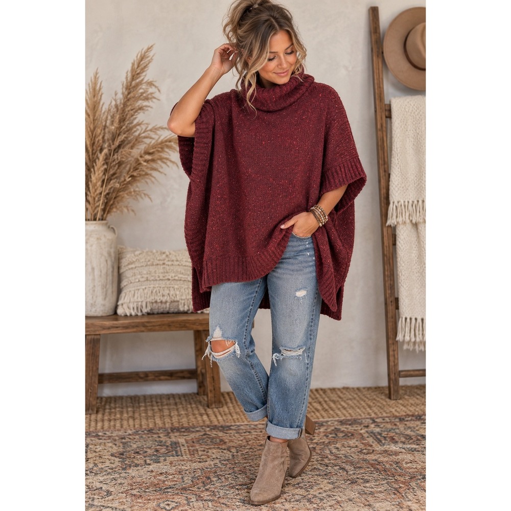 Athleta Womens Wool Blend Turtleneck Poncho Sweater Burgundy Marl XXS XS
